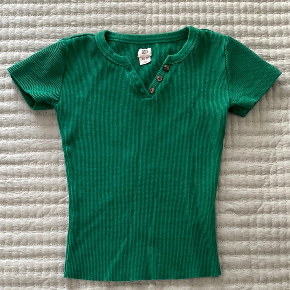 Green Ribbed Henley Shirt